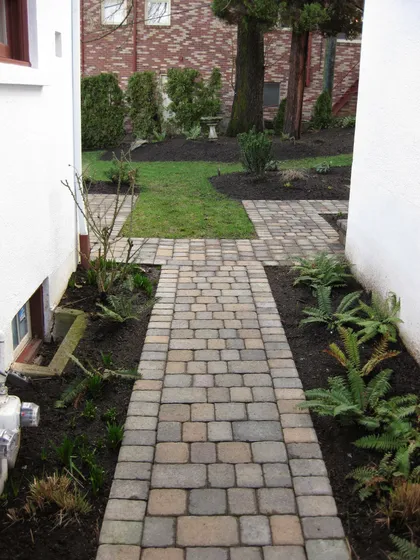 Paver walkway with fresh planting beds and ferns