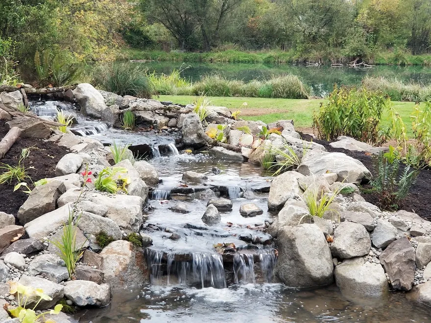 A rock stream cascading between planted boulders into a pond