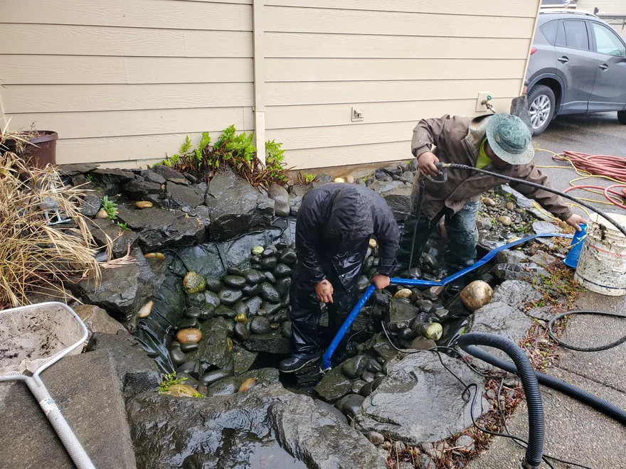 The Earthworks crew mid-cleanout on a backyard pond
