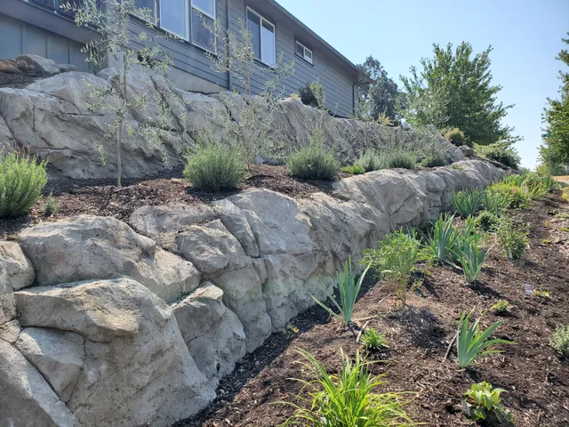 Terraced carved-rock retaining walls with new plantings on a slope