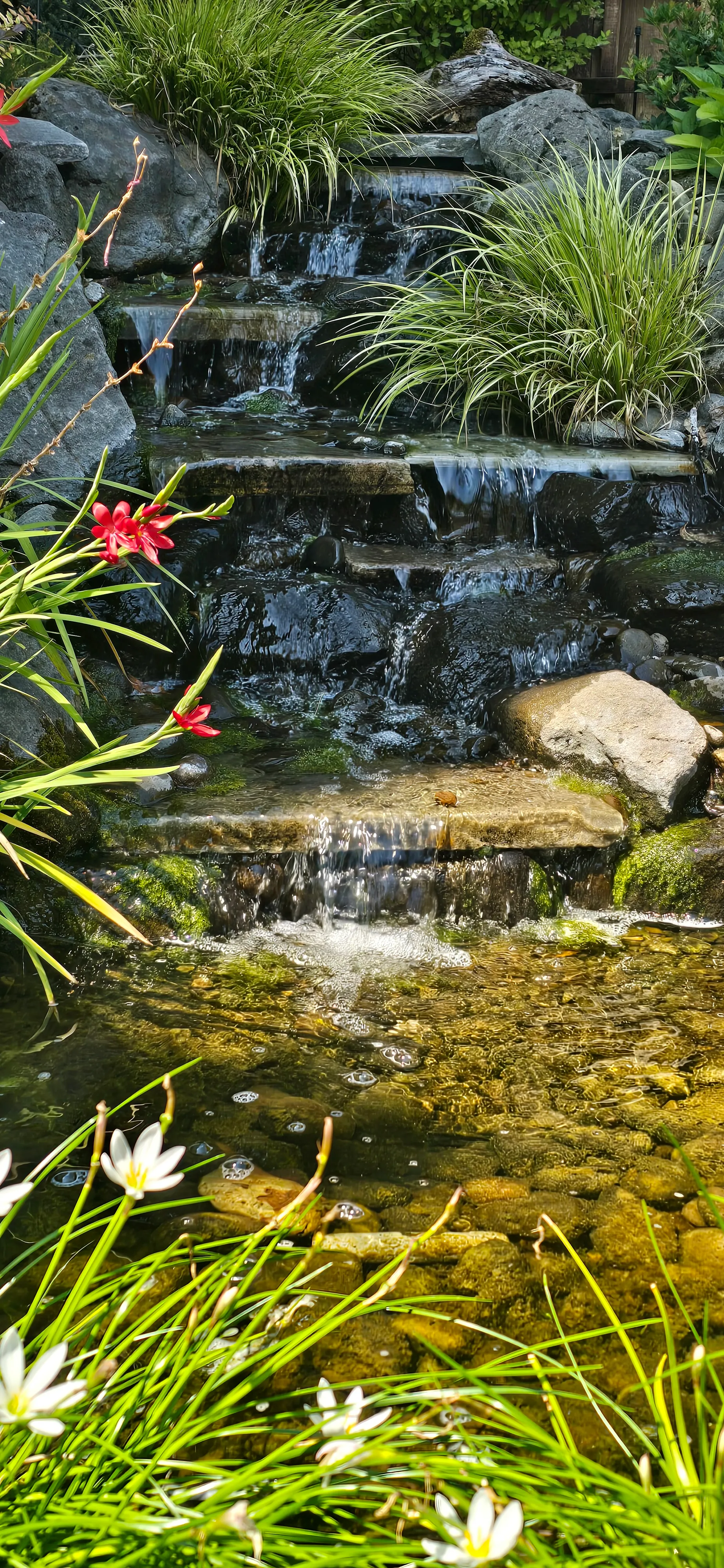 Backyard pond waterfall with daylilies at a Canby home