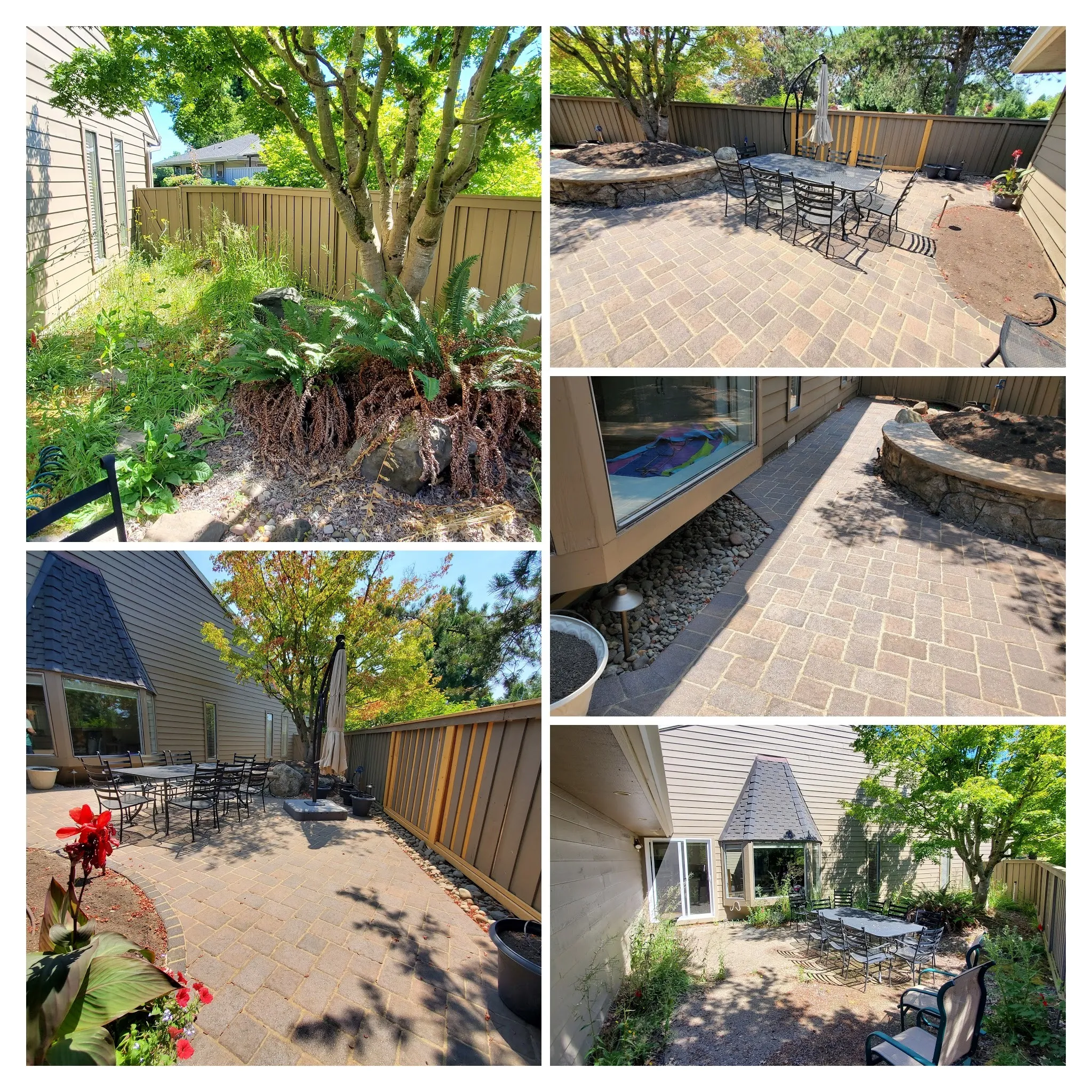 Before and after collage of a Charbonneau paver patio restored from weeds to clean pavers and fresh beds